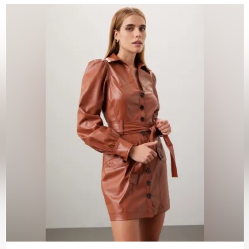 Marissa Webb Rust Brown Faux Leather Button-Front Jacket Dress